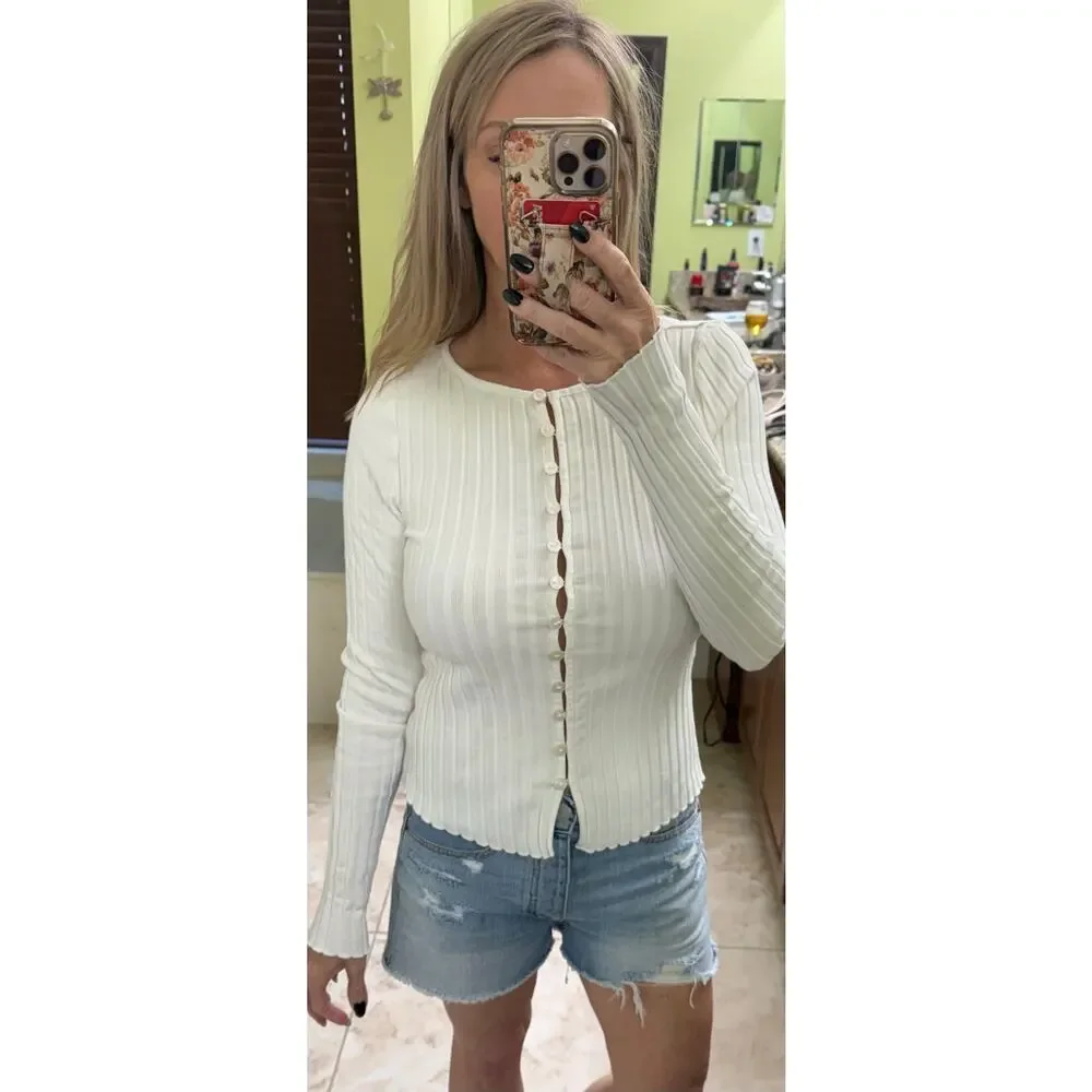 Free People White Ribbed Long-Sleeve Button Cardigan